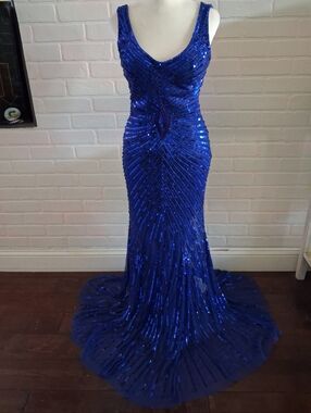 Cache Royal Blue Sequined Evening Gown